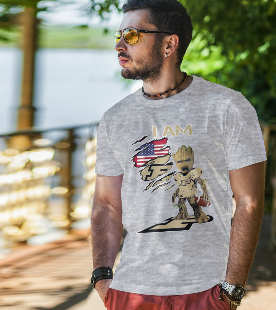 I AM Purdue Baby Groot Football American Flag P T-Shirt