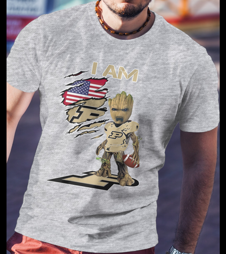 I AM Purdue Baby Groot Football American Flag P T-Shirt