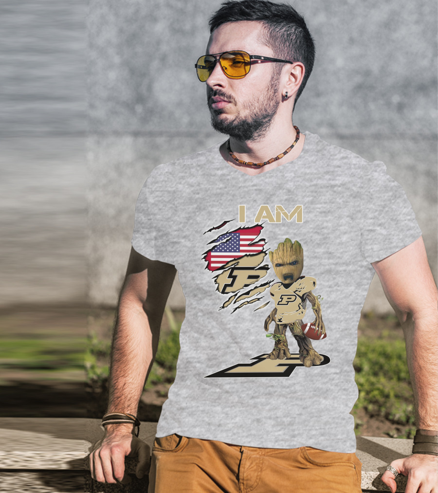 I AM Purdue Baby Groot Football American Flag P T-Shirt