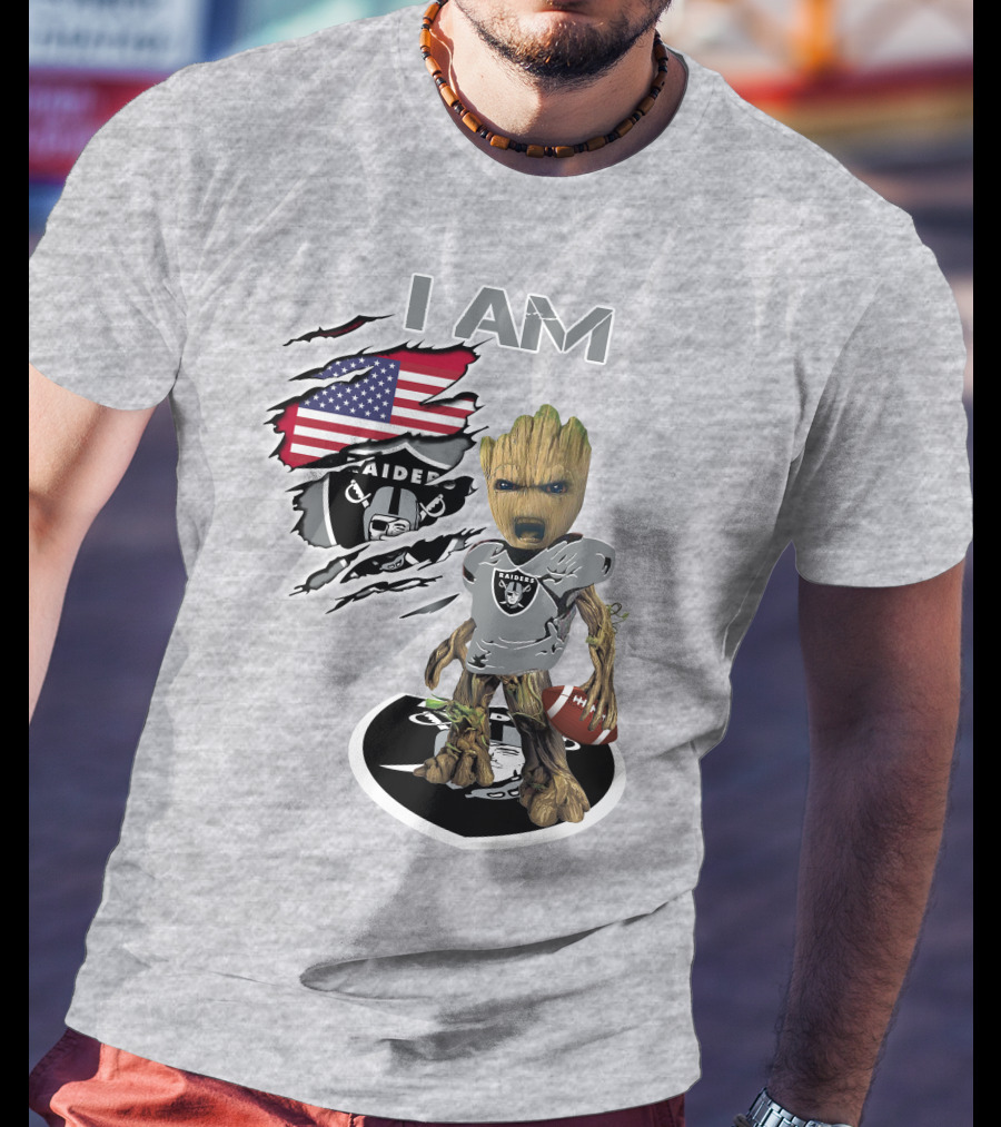 I Am Raiders Baby Groot American Flag Football T-Shirt