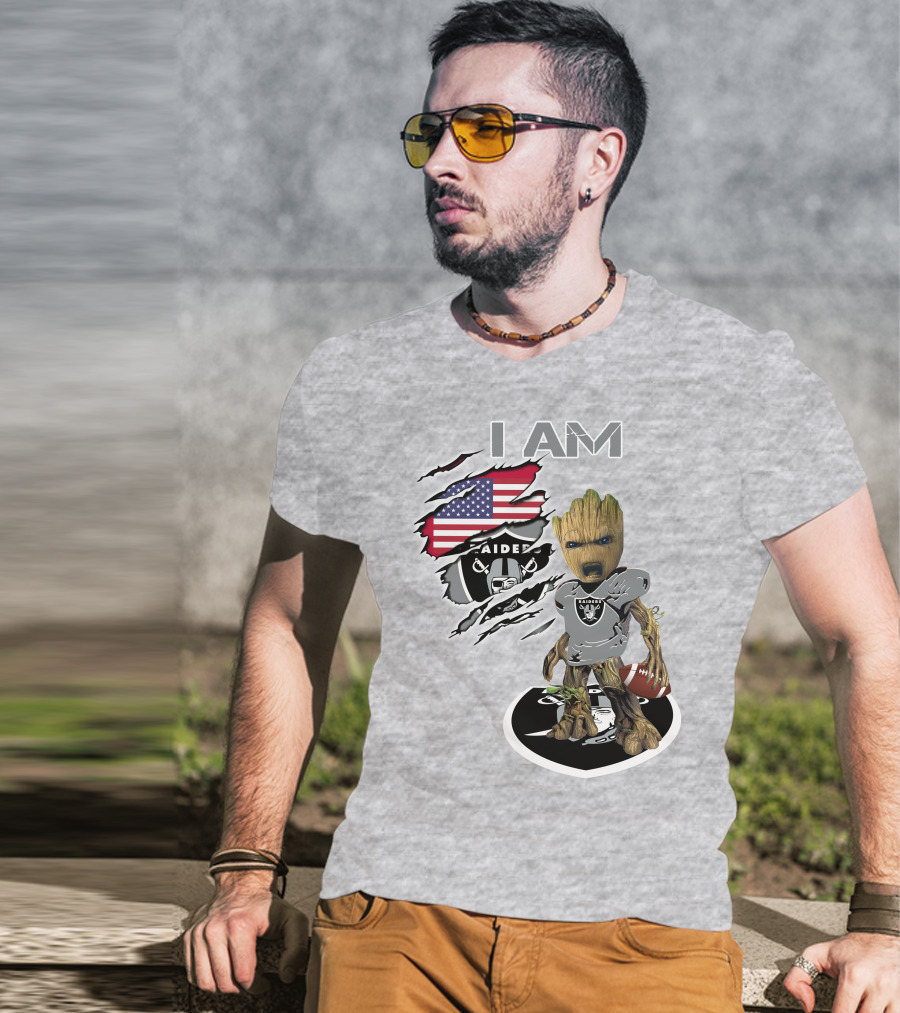 I Am Raiders Baby Groot American Flag Football T-Shirt