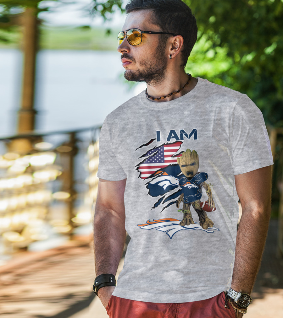 I Am Broncos Baby Groot American Flag Football T-Shirt