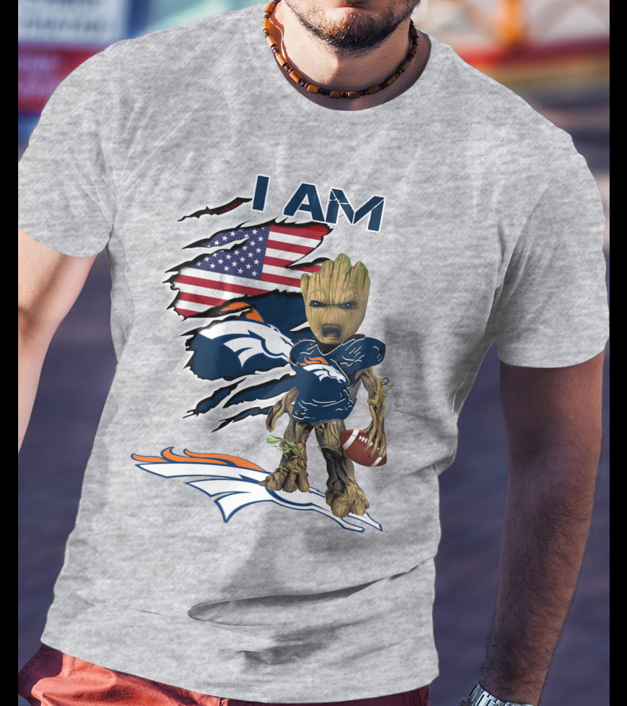 I Am Broncos Baby Groot American Flag Football T-Shirt