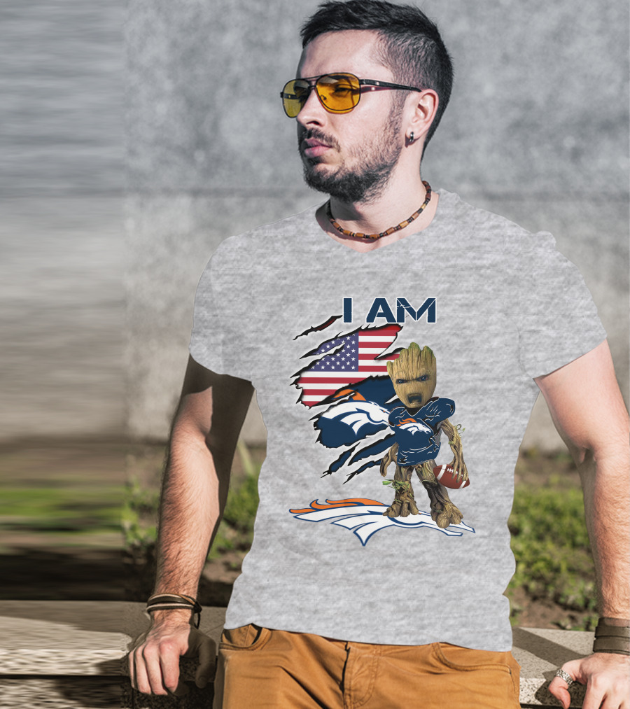 I Am Broncos Baby Groot American Flag Football T-Shirt