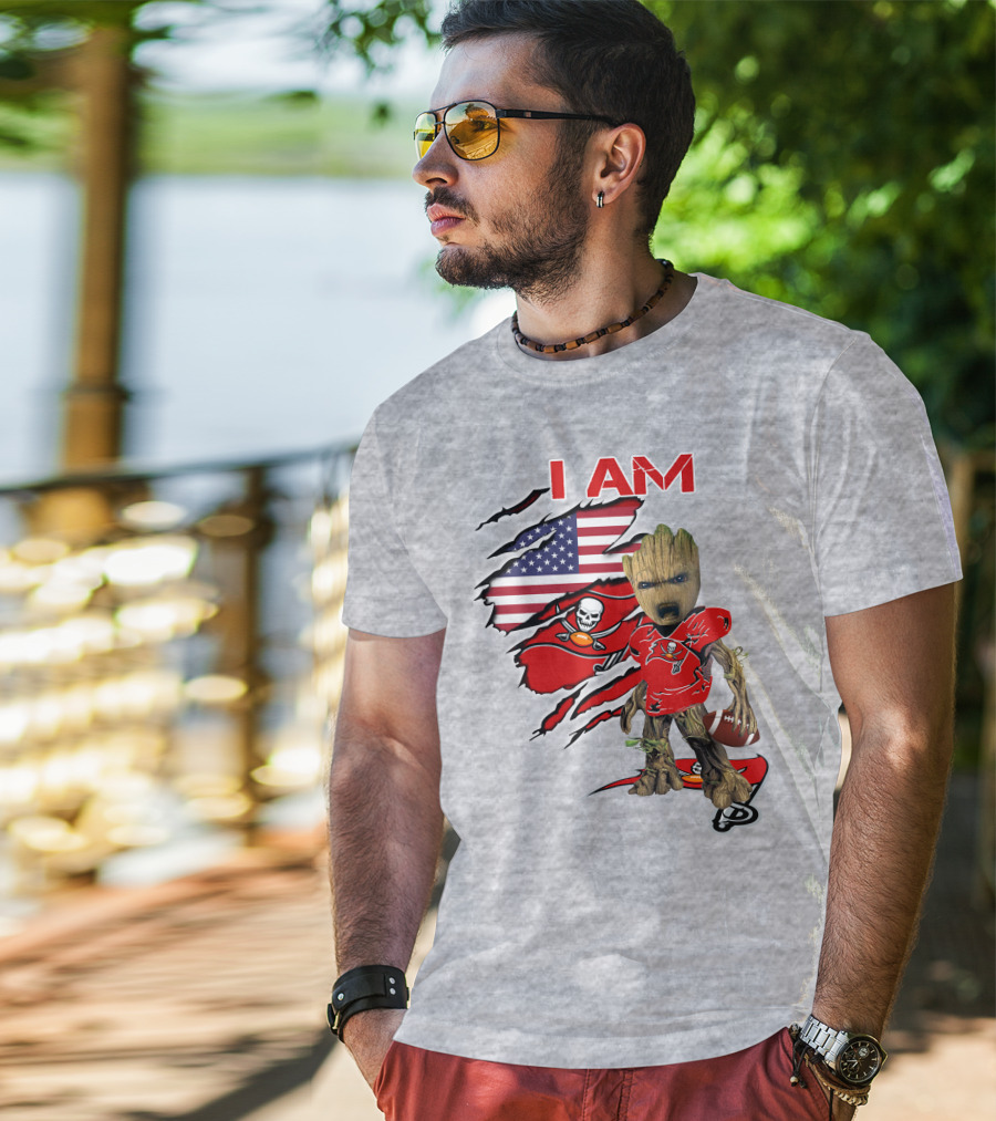 I Am Buc Baby Groot American Flag Football Buccaneers T-Shirt