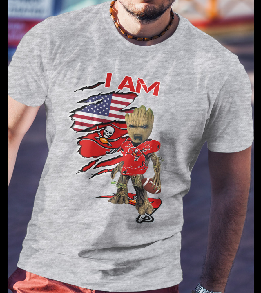 I Am Buc Baby Groot American Flag Football Buccaneers T-Shirt