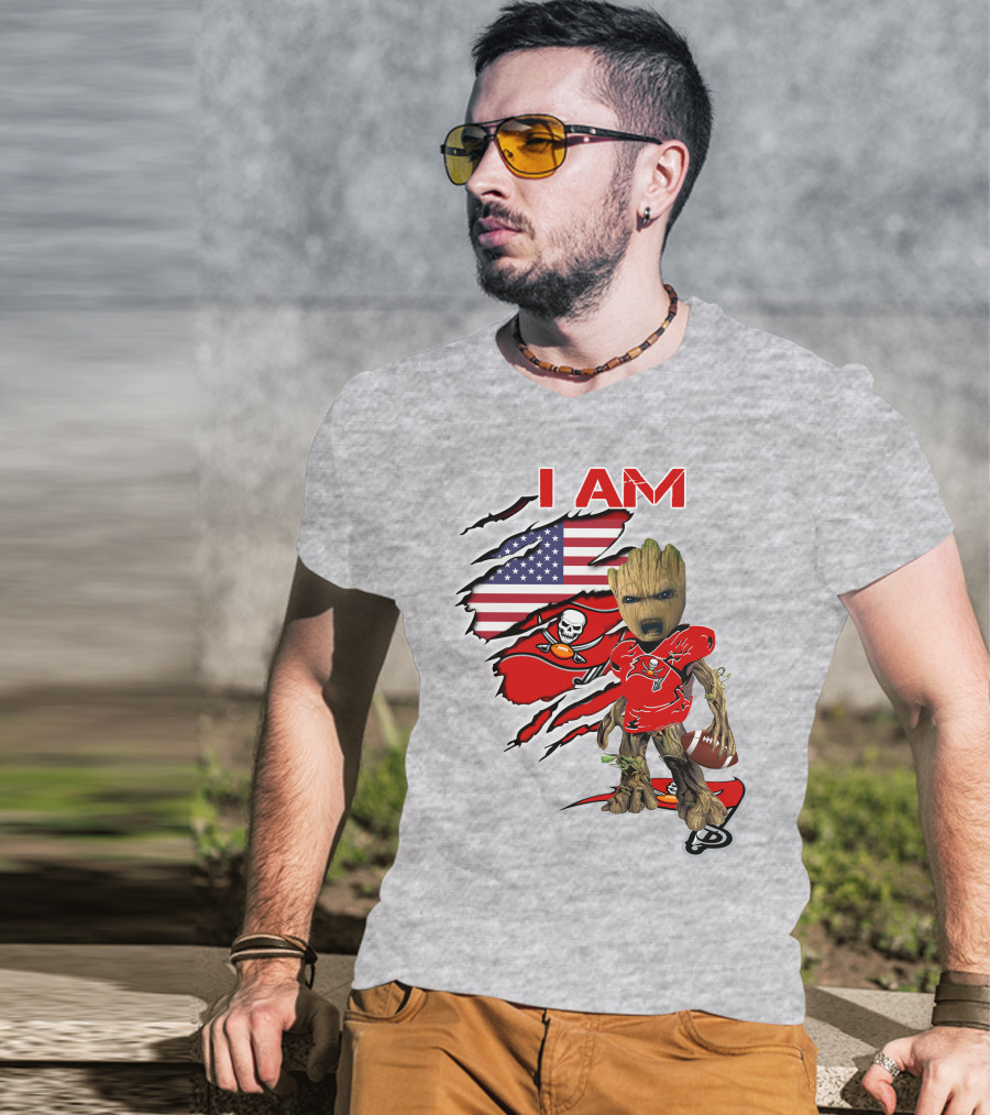I Am Buc Baby Groot American Flag Football Buccaneers T-Shirt