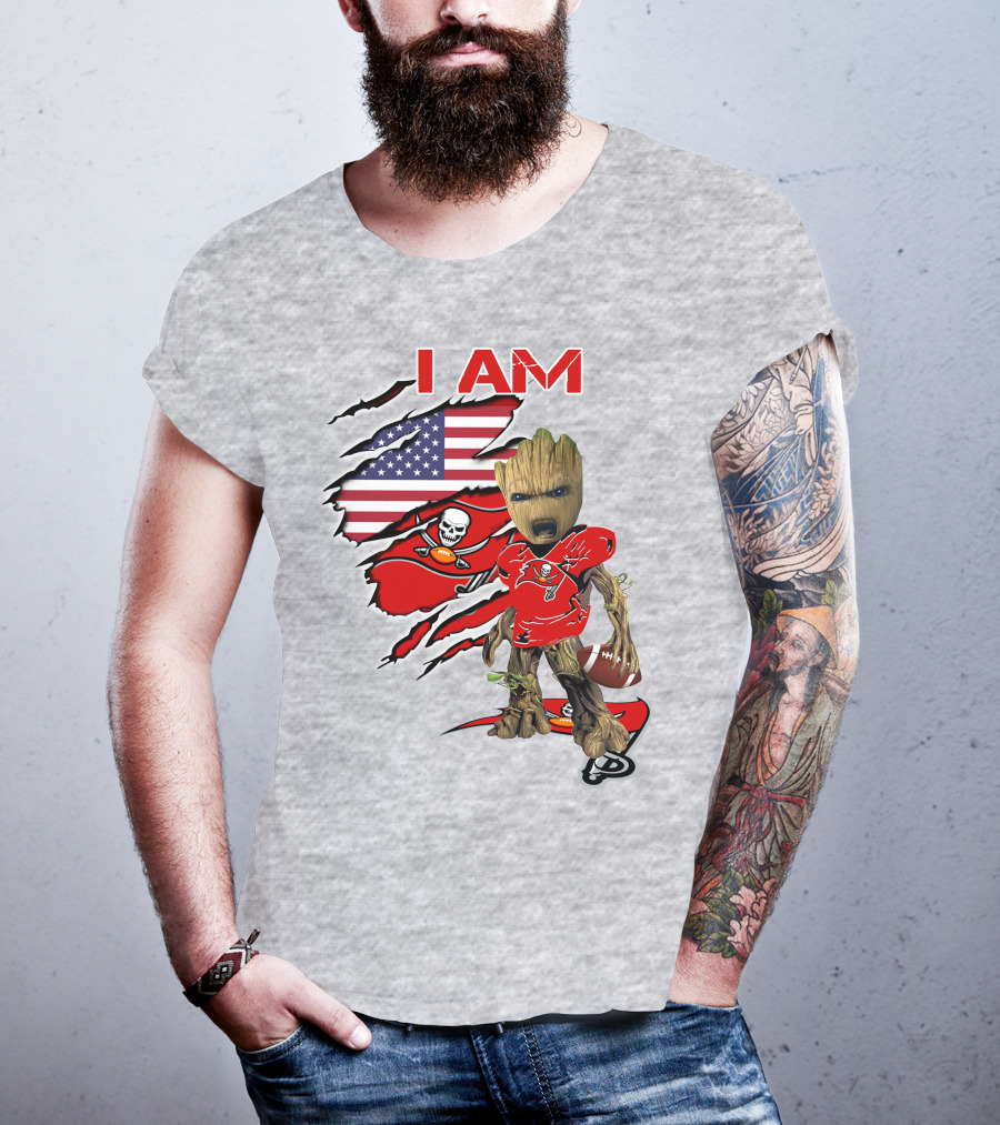 I Am Buc Baby Groot American Flag Football Buccaneers T-Shirt