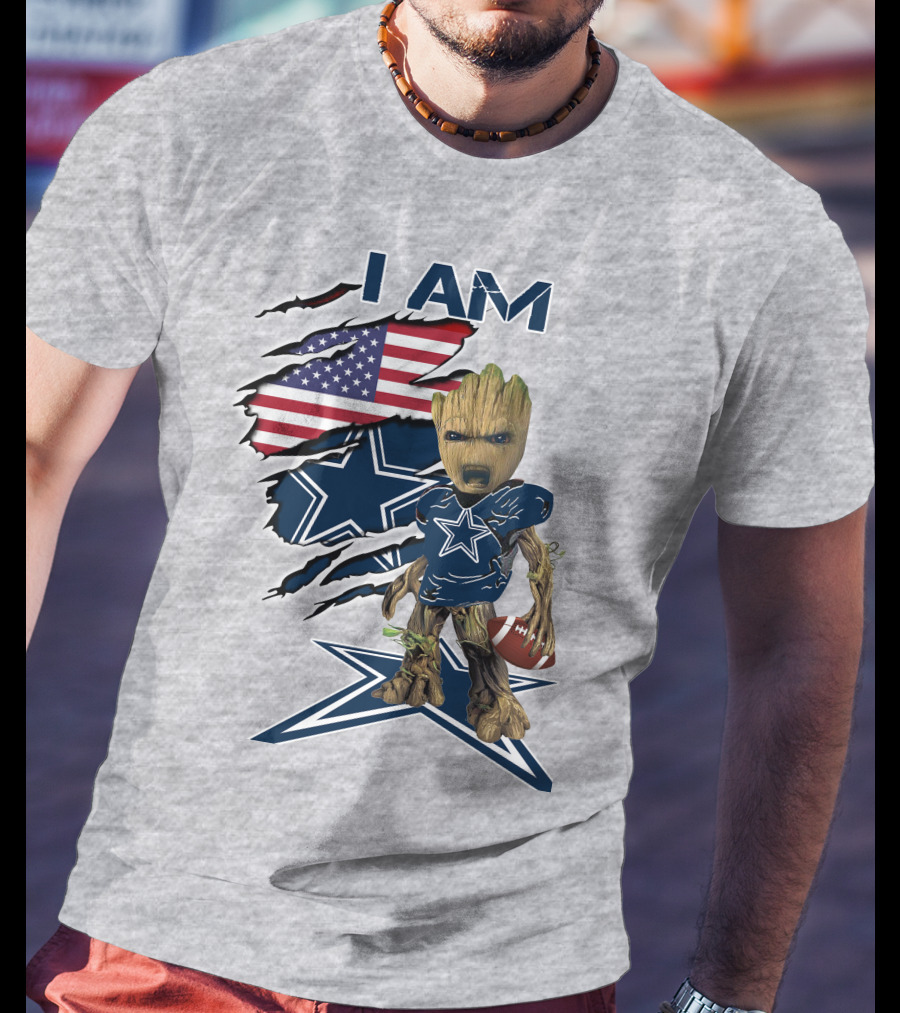I Am Baby Groot Cowboys Fan With American Flag And Football T-Shirt