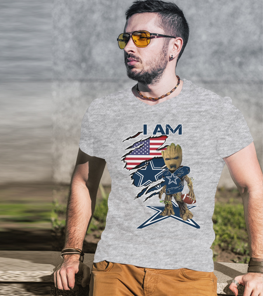 I Am Baby Groot Cowboys Fan With American Flag And Football T-Shirt