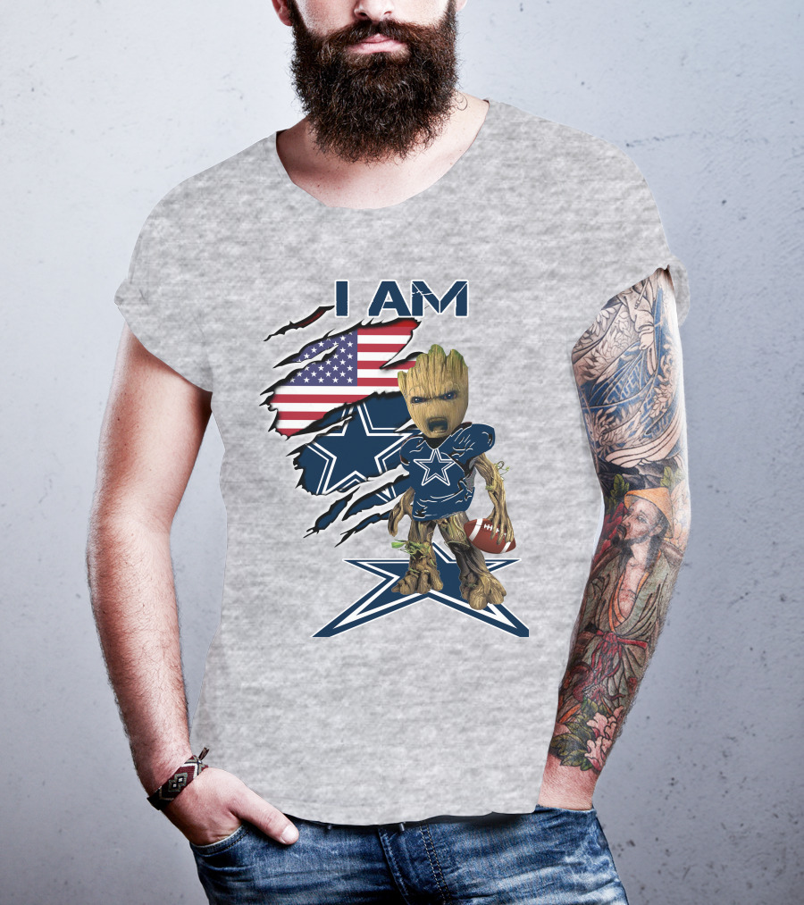 I Am Baby Groot Cowboys Fan With American Flag And Football T-Shirt