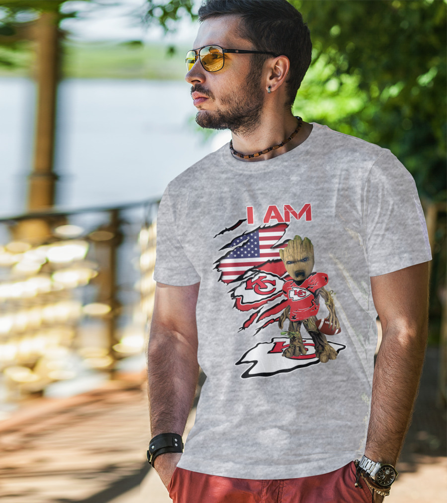 I Am Chiefs Baby Groot Kansas City Football American Flag T-Shirt