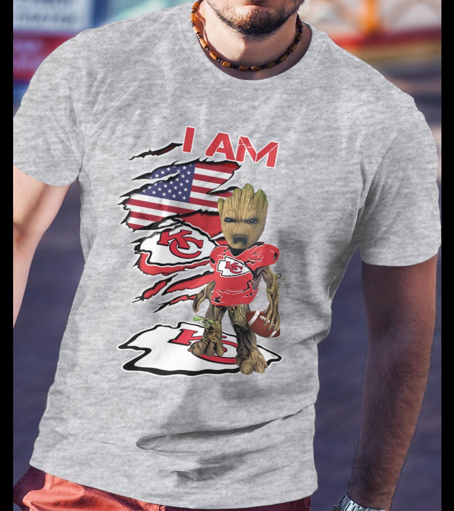 I Am Chiefs Baby Groot Kansas City Football American Flag T-Shirt