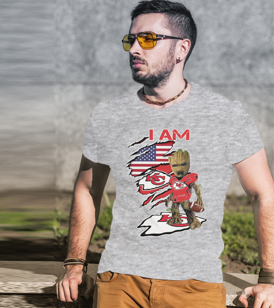 I Am Chiefs Baby Groot Kansas City Football American Flag T-Shirt