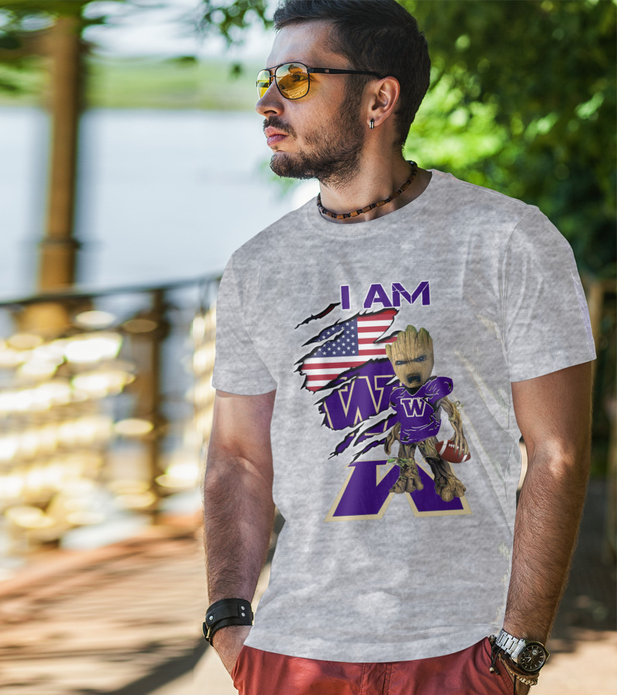 I AM Huskies Baby Groot Football USA Flag T-Shirt
