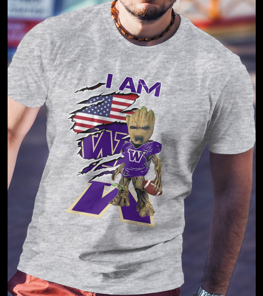I AM Huskies Baby Groot Football USA Flag T-Shirt