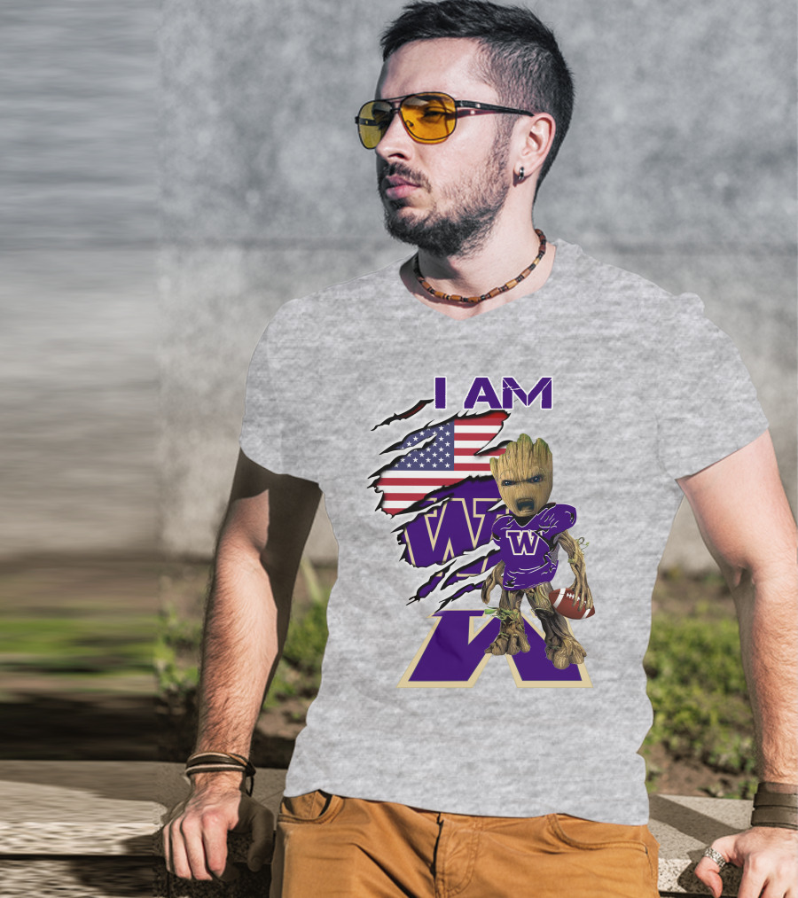 I AM Huskies Baby Groot Football USA Flag T-Shirt