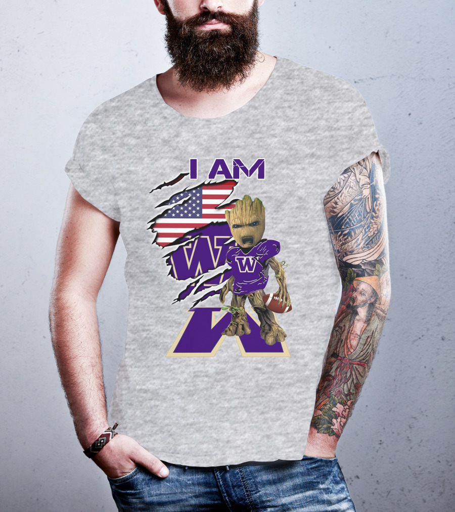 I AM Huskies Baby Groot Football USA Flag T-Shirt