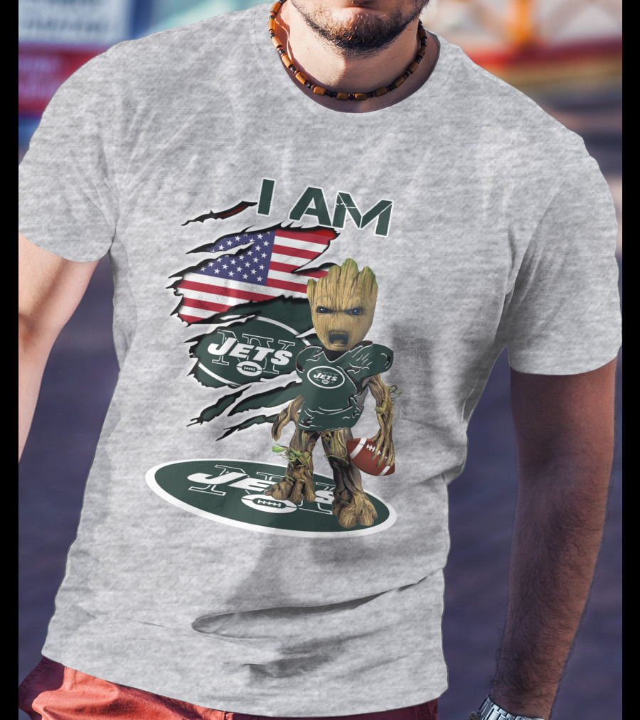 I Am Jets Baby Groot American Flag Football Fan T-Shirt