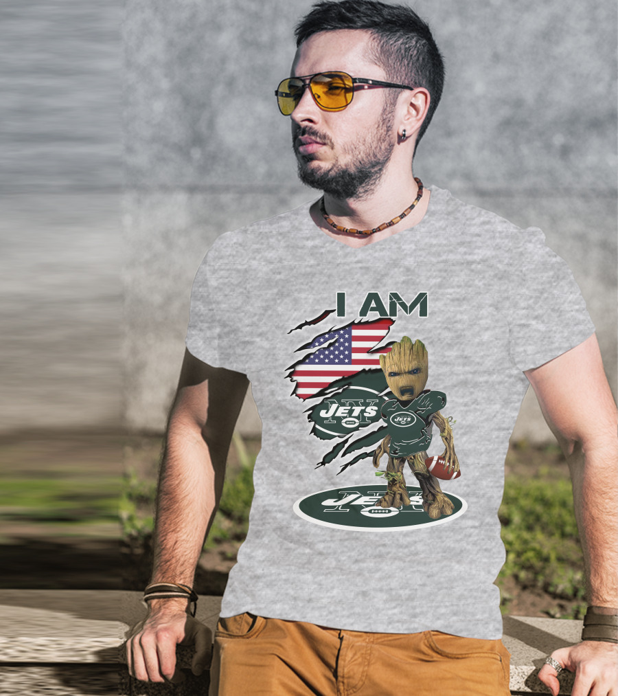 I Am Jets Baby Groot American Flag Football Fan T-Shirt