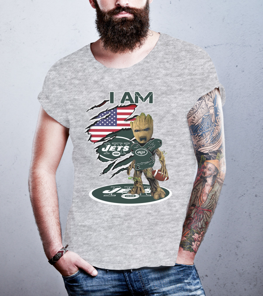 I Am Jets Baby Groot American Flag Football Fan T-Shirt