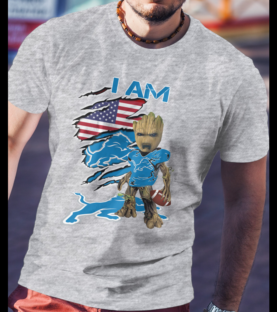 I Am Lions Baby Groot Football American Flag T-Shirt
