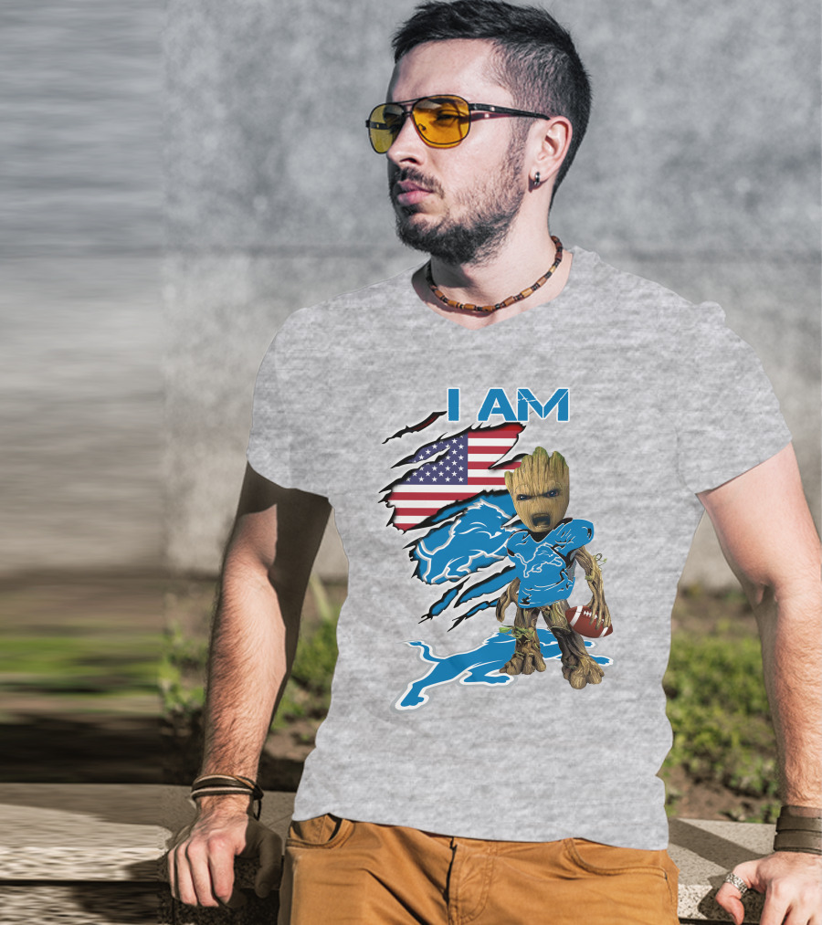 I Am Lions Baby Groot Football American Flag T-Shirt