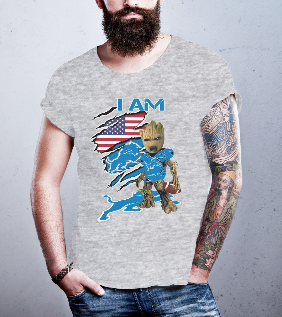 I Am Lions Baby Groot Football American Flag T-Shirt