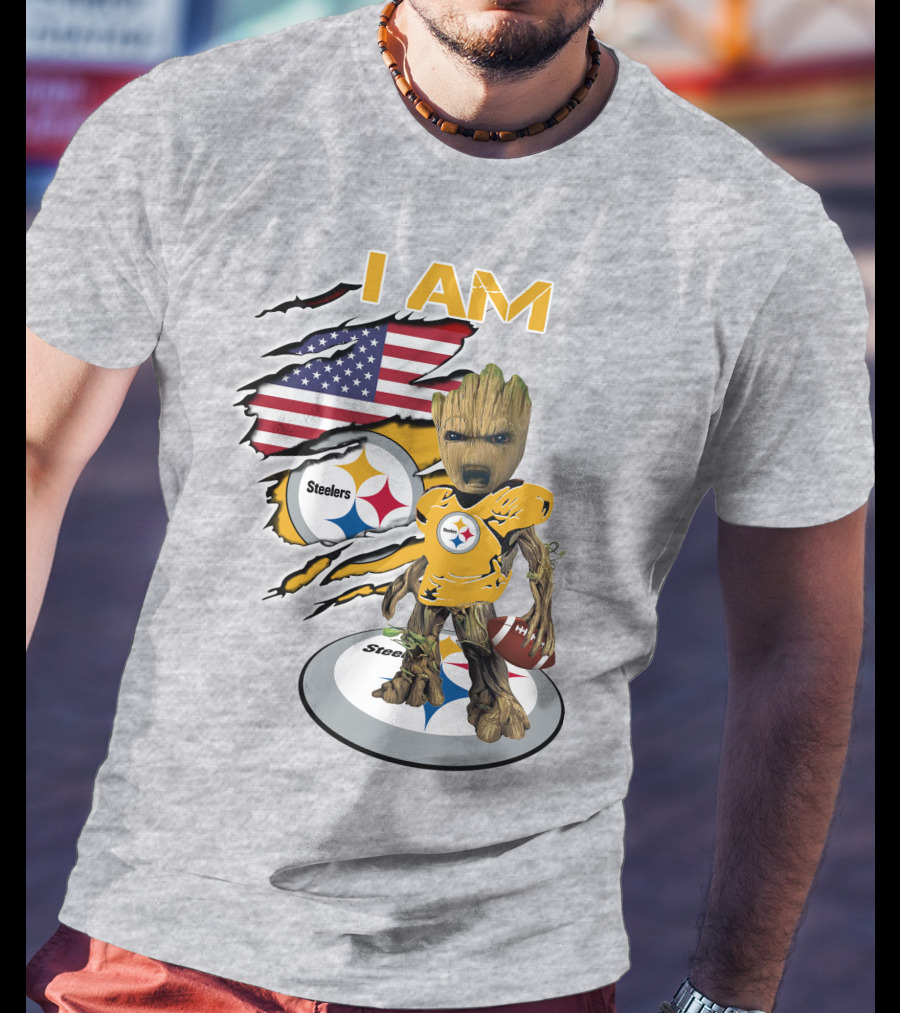 I AM Steelers Baby Groot American Flag Football Fan Gear T-Shirt