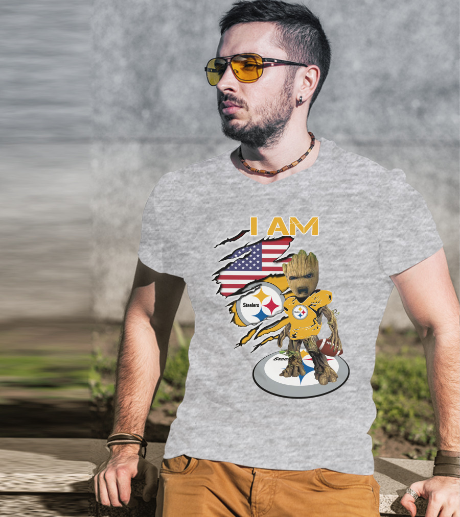 I AM Steelers Baby Groot American Flag Football Fan Gear T-Shirt