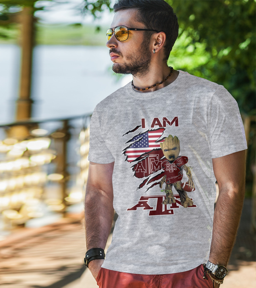 I Am Texas A&M Baby Groot American Flag Football T-Shirt