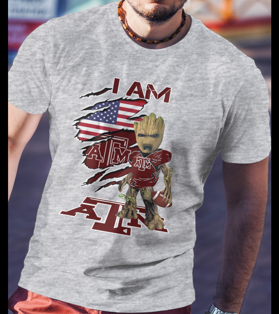 I Am Texas A&M Baby Groot American Flag Football T-Shirt