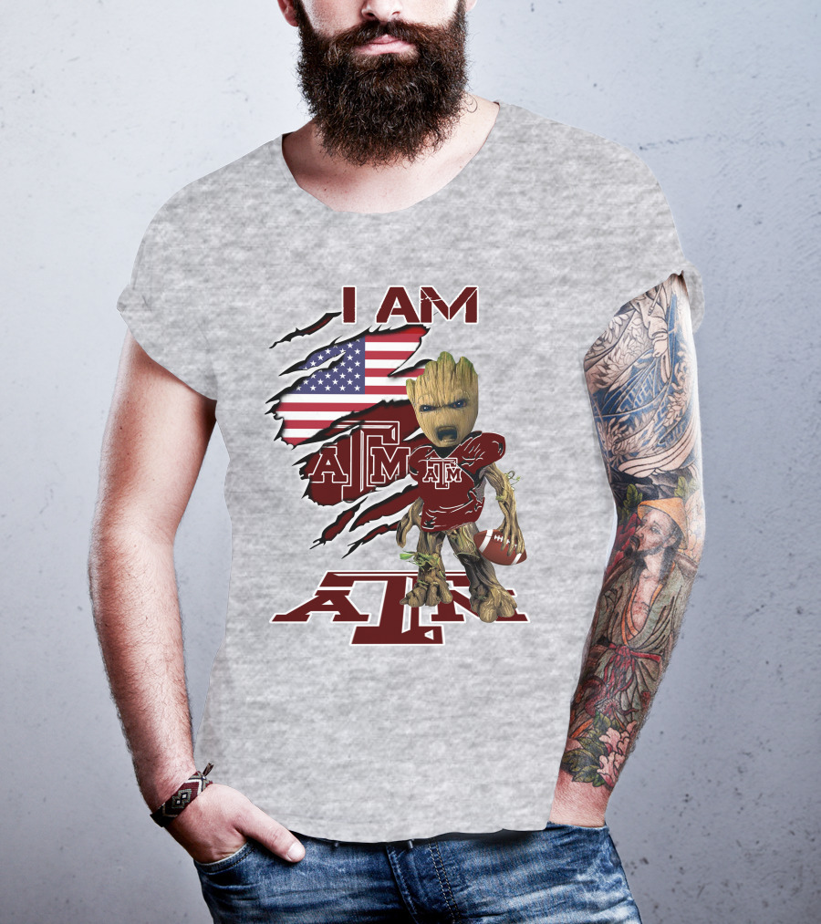 I Am Texas A&M Baby Groot American Flag Football T-Shirt