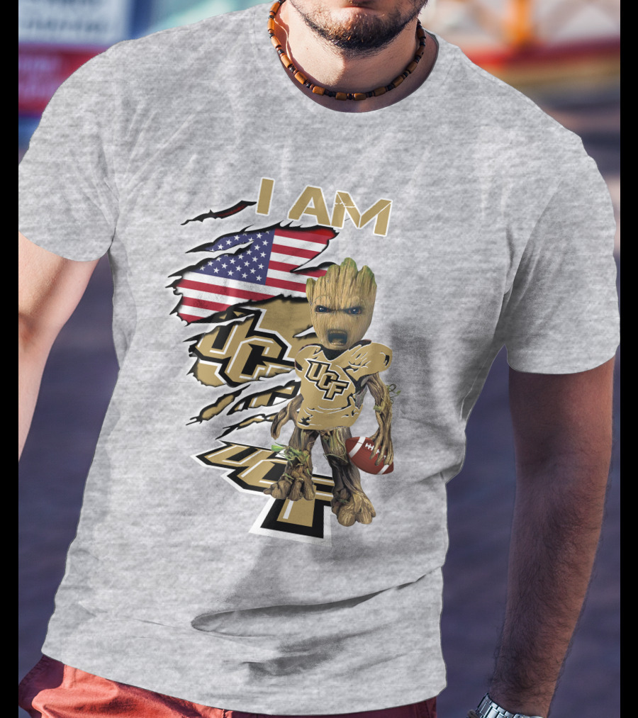 UCF Baby Groot I Am American Flag Football T-Shirt