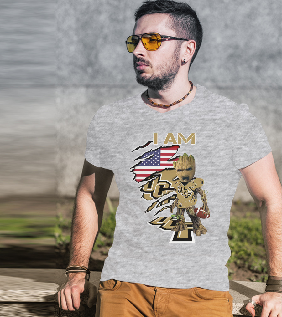 UCF Baby Groot I Am American Flag Football T-Shirt