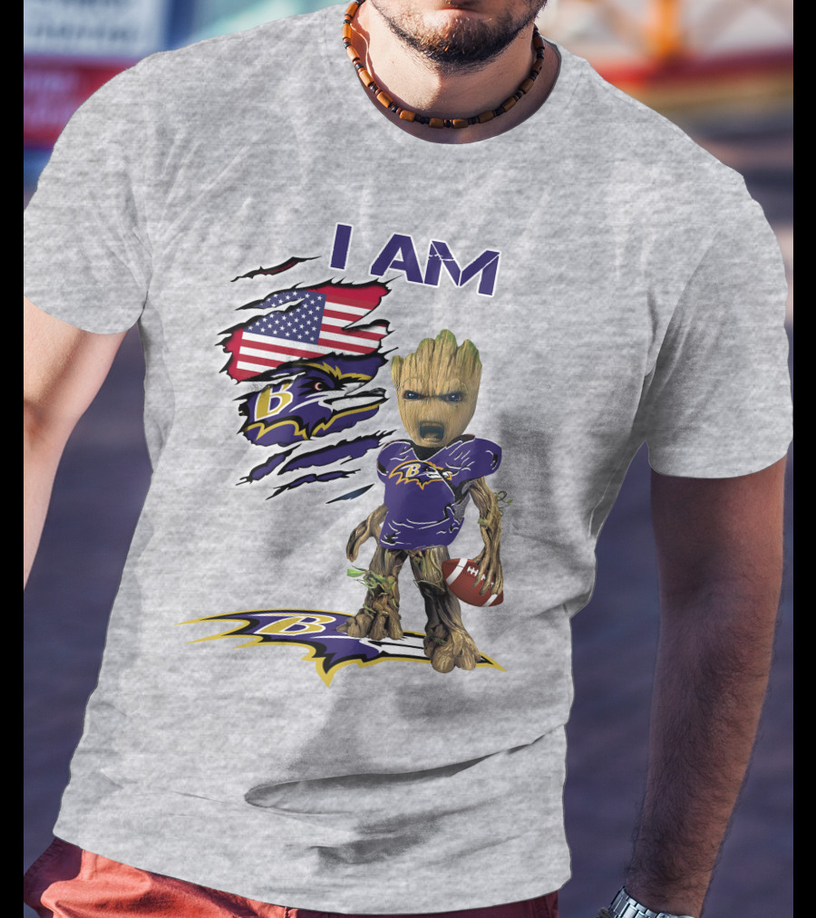 I AM Baltimore Ravens Baby Groot Football USA Flag T-Shirt