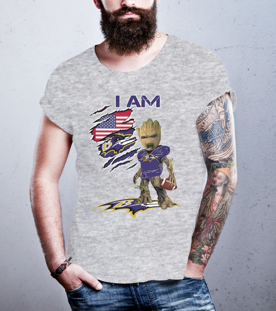 I AM Baltimore Ravens Baby Groot Football USA Flag T-Shirt