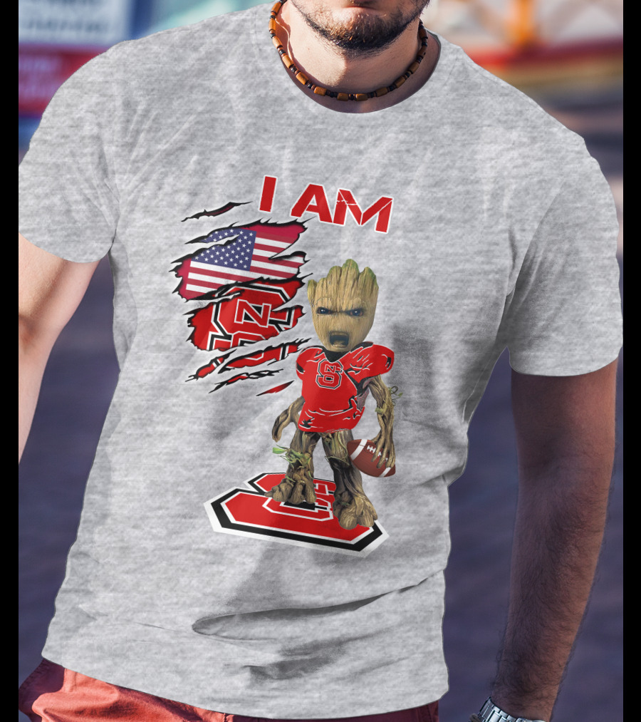 I Am NC State Baby Groot Football USA Flag T-Shirt