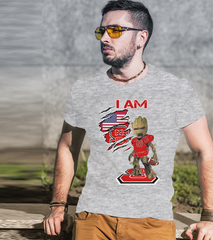 I Am NC State Baby Groot Football USA Flag T-Shirt