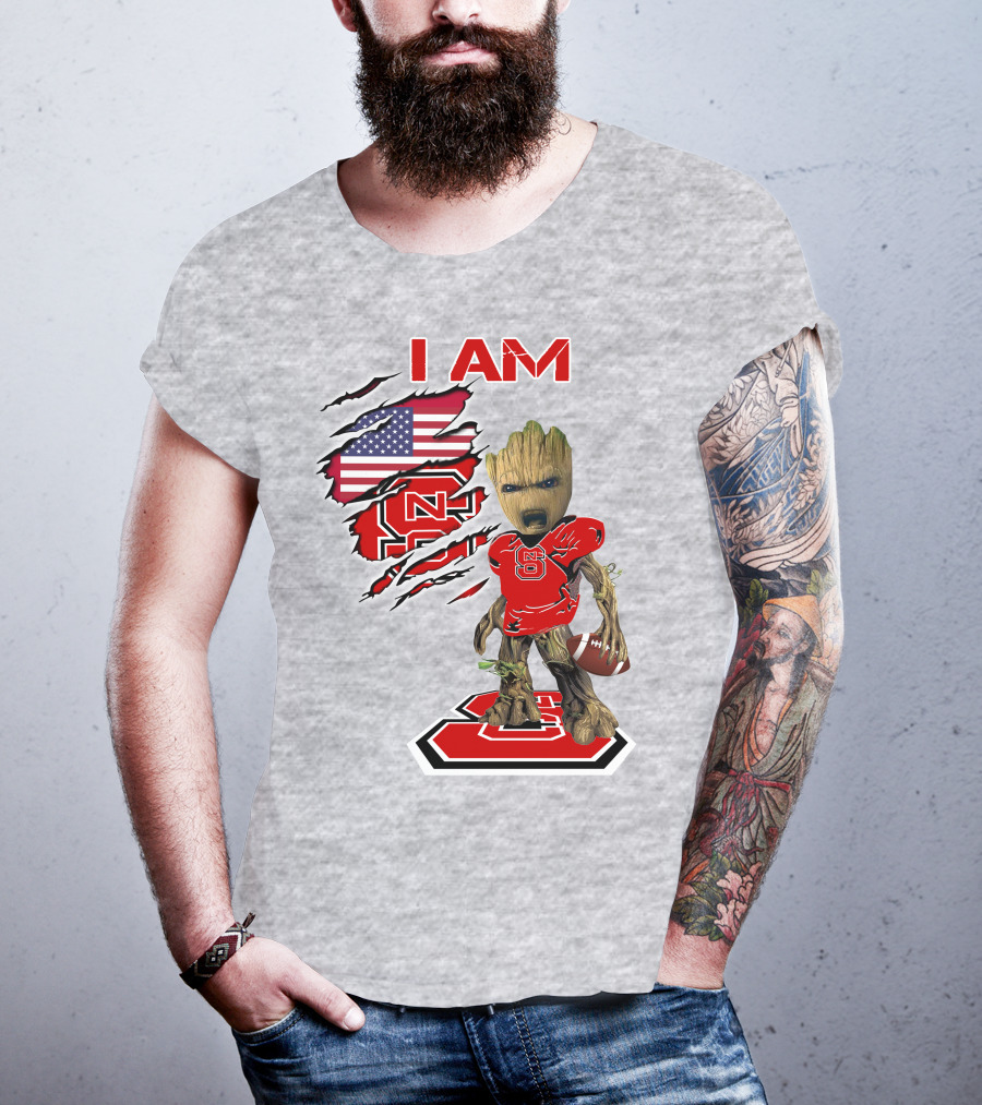 I Am NC State Baby Groot Football USA Flag T-Shirt
