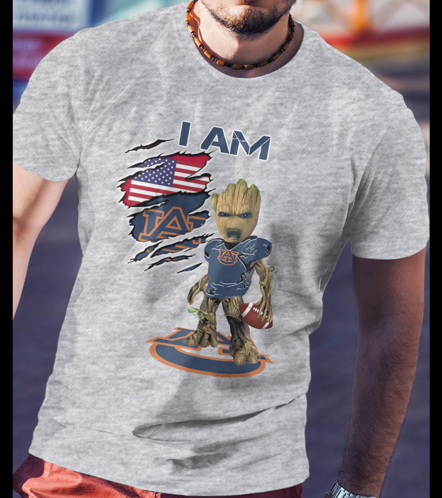 I Am Auburn Baby Groot Football Usa Flag T-Shirt