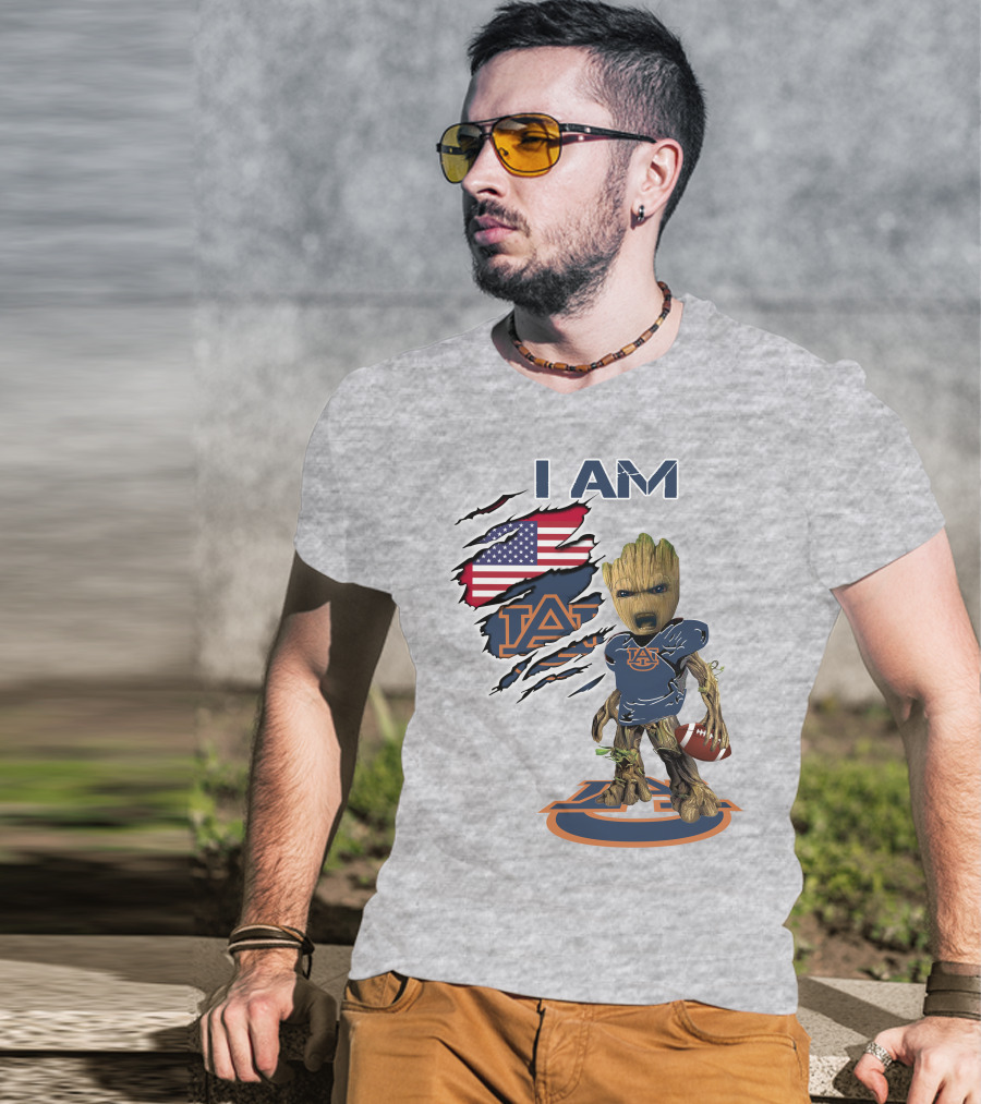 I Am Auburn Baby Groot Football Usa Flag T-Shirt
