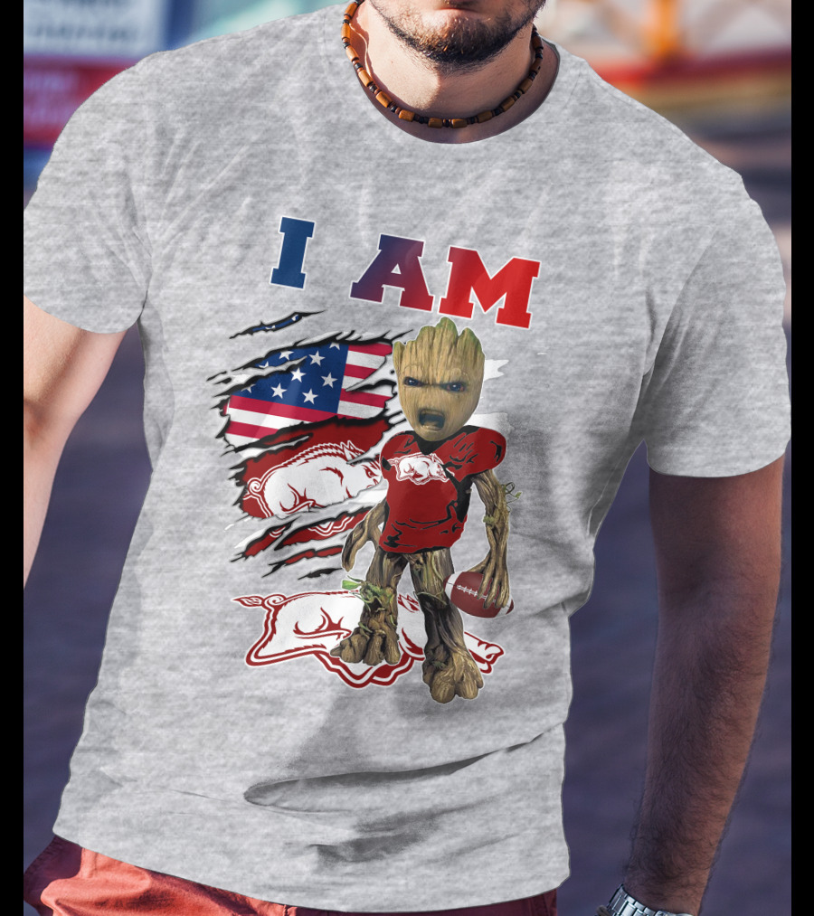 I Am Groot Arkansas Razorbacks Football American Flag T-Shirt