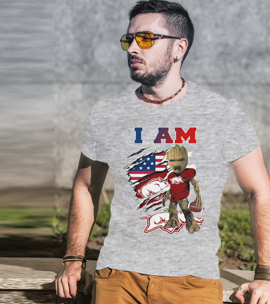I Am Groot Arkansas Razorbacks Football American Flag T-Shirt