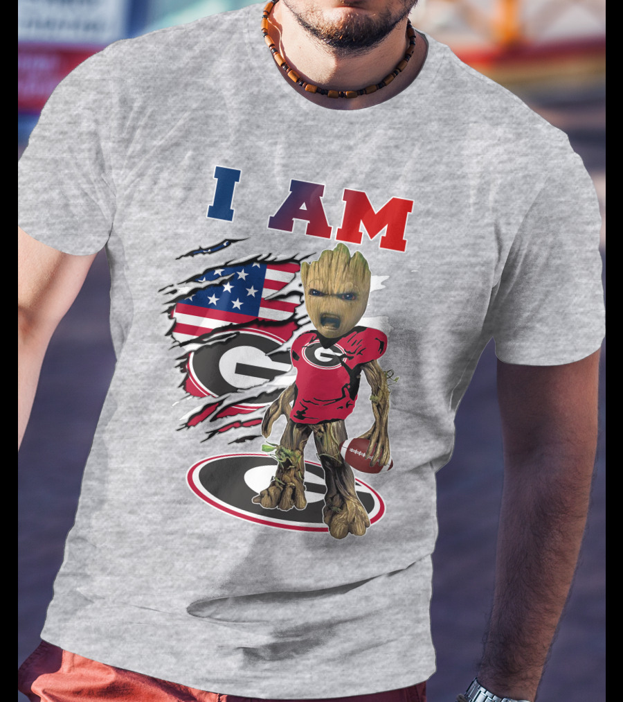 I Am Groot Holding Football Georgia Bulldogs Usa Flag T-Shirt