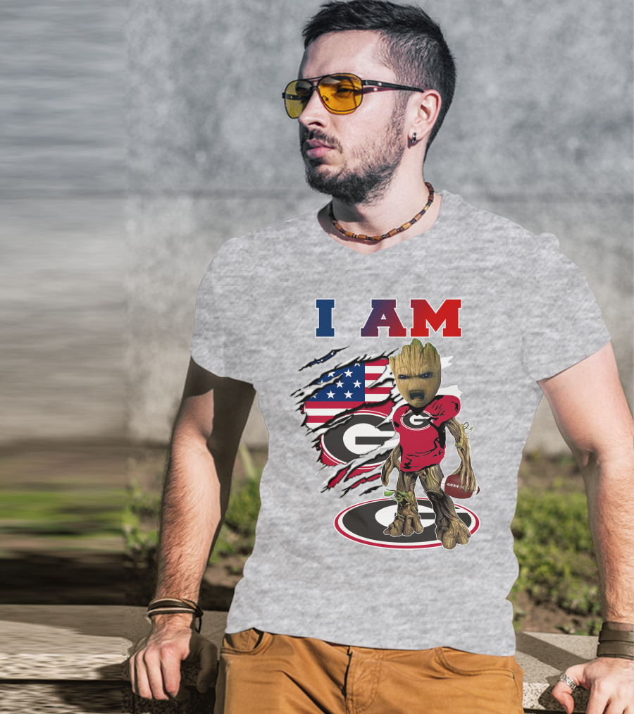 I Am Groot Holding Football Georgia Bulldogs Usa Flag T-Shirt