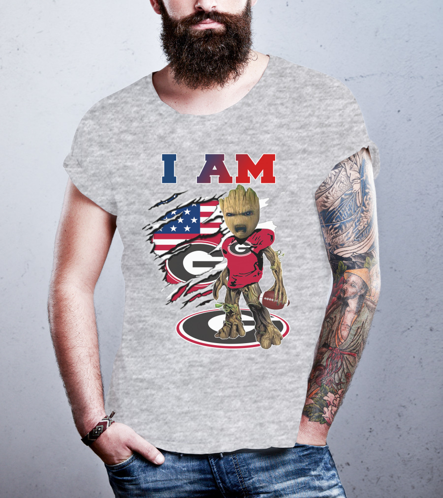 I Am Groot Holding Football Georgia Bulldogs Usa Flag T-Shirt