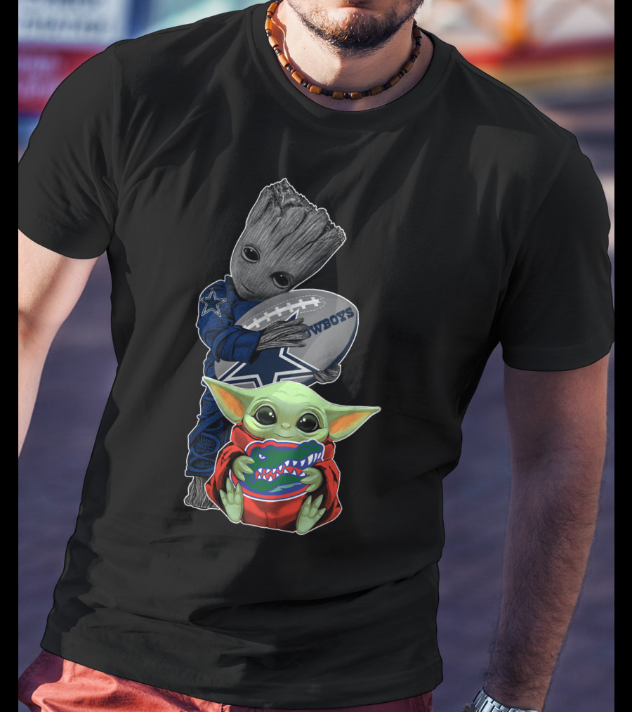 Groot Holding Cowboys Football With Baby Yoda Wearing Gators Hoodie T-Shirt
