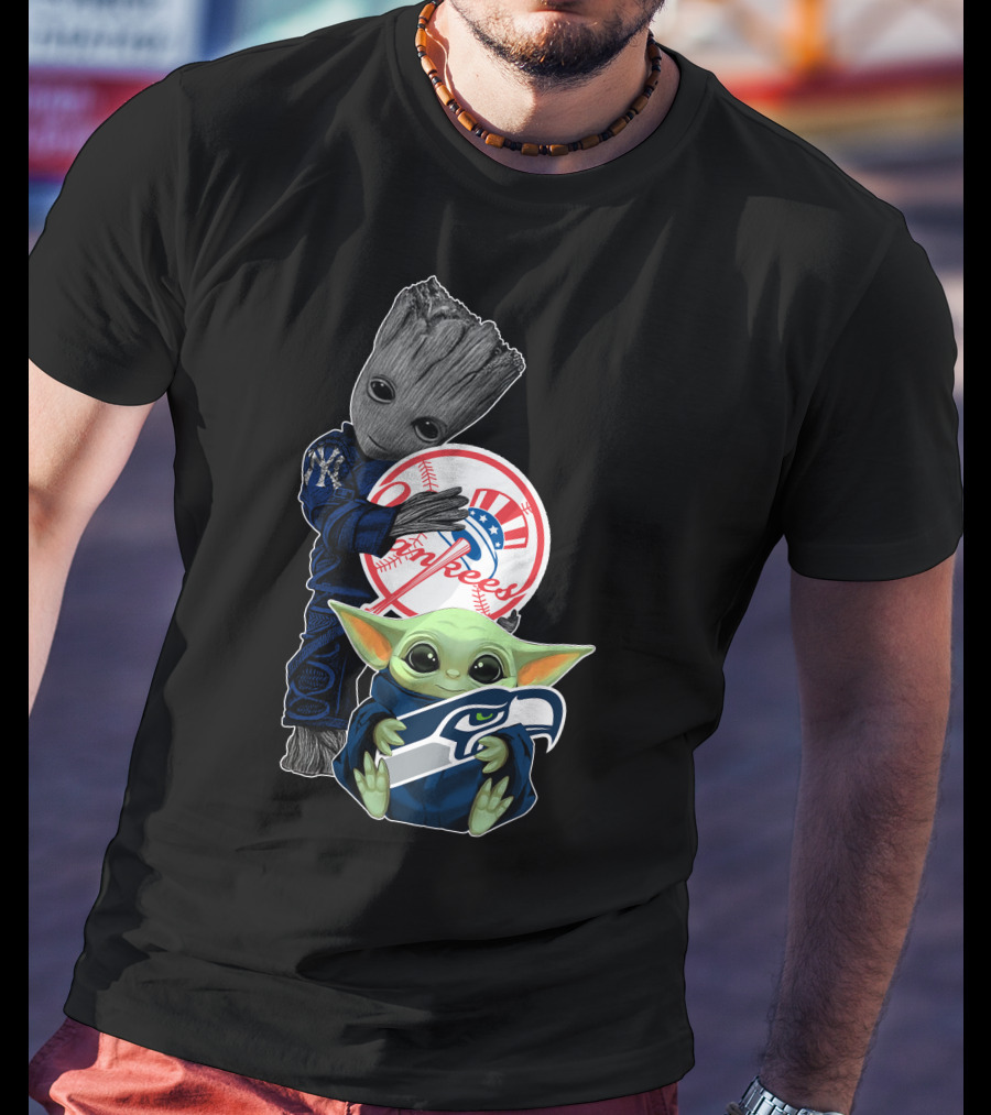 Yankees Baby Yoda With Seahawks And Guardians Of The Galaxy Groot T-Shirt