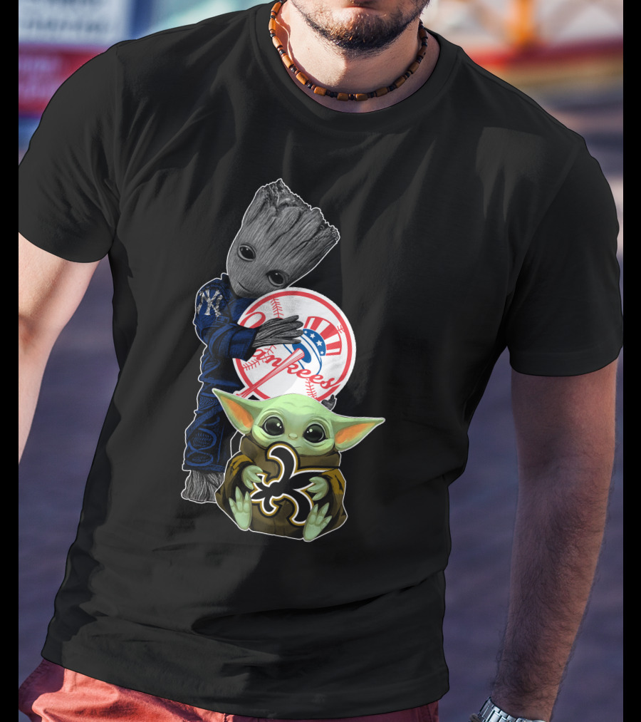 Saints Baby Yoda Yankees Groot Fan Crossover T-Shirt